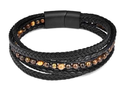 Sorprese armband - Exclusive - armband heren - leer - kralen - bruin/zwart - 20,5 cm - cadeau - Model L