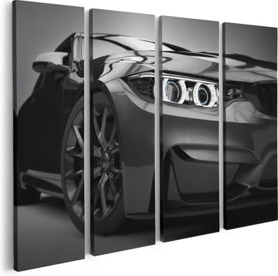 Artaza Canvas Schilderij Vierluik Grijze Sportwagen Auto - Zwart Wit - 80x60 cm - Wanddecoratie Woonkamer - Schilderijen - Muurdecoratie
