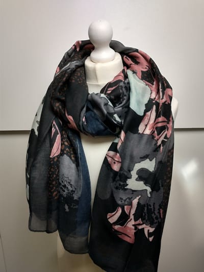 Lange dames sjaal Alice fantasiemotief zwart grijs wit roze antraciet