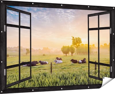 Gards Tuinposter Doorkijk Koeien in de Wei tijdens Zonsopgang - 180x120 cm - Tuindoek - Tuindecoratie - Wanddecoratie buiten - Tuinschilderij