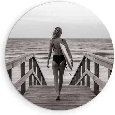 Saammp Muurcirkel Hout - Vrouw met surfplank - abstract - Ø 90 - Wandcirkel - Wanddecoratie Cirkel - Muurdecoratie Woonkamer - Slaapkamer decoratie - Rond Schilderij