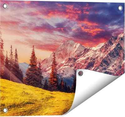 Gards Tuinposter Alpen Landschap met een Kleurrijke Hemel - 50x40 cm - Tuindoek - Tuindecoratie - Wanddecoratie buiten - Tuinschilderij