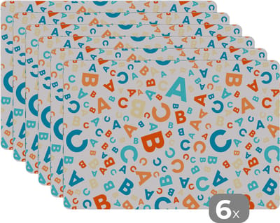 Placemat - Placemats kunststof - Letters - Abc - Oranje - Blauw - Patronen - 45x30 cm - 6 stuks - Hittebestendig - Anti-Slip - Onderlegger - Afneembaar