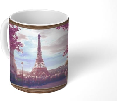 Mok - Koffiemok - Doorkijk - Parijs - Eiffeltoren - Roze - Kersenbloesem - Mokken - 350 ML - Beker - Koffiemokken - Theemok