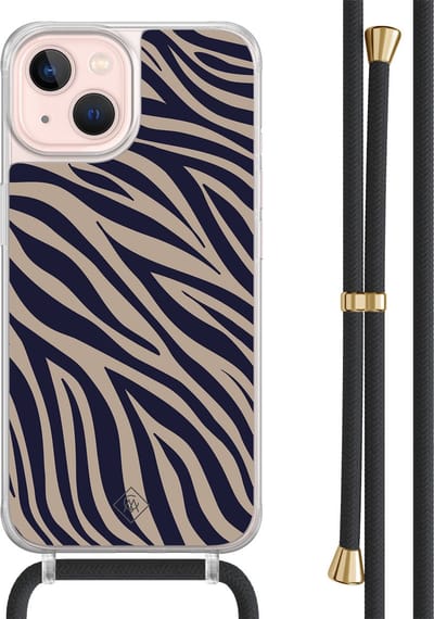 Casimoda® hoesje met zwart koord - Geschikt voor iPhone 13 - Chevron Navy - Afneembaar koord - TPU/acryl - Blauw
