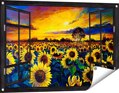 Gards Tuinposter Doorkijk Getekende Zonnebloemen Veld met Olieverf - 90x60 cm - Tuindoek - Tuindecoratie - Wanddecoratie buiten - Tuinschilderij