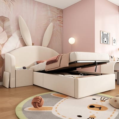 Kinderbed 90x200 cm - met opbergruimte en nachtkastje - konijnenoor-ontwerp - zonder matras - beige