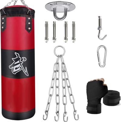 ZERUIDM Bokszakset, heavy duty, ongevuld, hangende bokszakken, bokszak voor volwassenen en kinderen, punching bag met boksbandages, plafondhaken, ketting, voor kickboksen, vechtsport, Muay, Thai, MMA