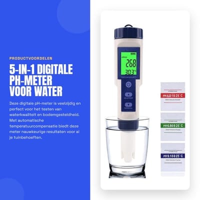 pH-meter waterdicht - 5-in-1 kwaliteitstester - automatische temperatuurcompensatie - lcd-display - nauwkeurige metingen - afmetingen 183 x 37 mm - Waterkwaliteitstester