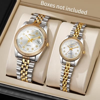 2 STKS Mode Koppel Horloges Set Luxe Heren Dames Kalender Quartz Polshorloge Reloj Hombre Mujer beige