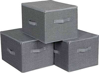 Hoppa! Opbergboxen met deksel, set van 3, Opvouwbare stoffen dozen met handvaten, voor het opbergen van kleding en spiegelspullen, grijs