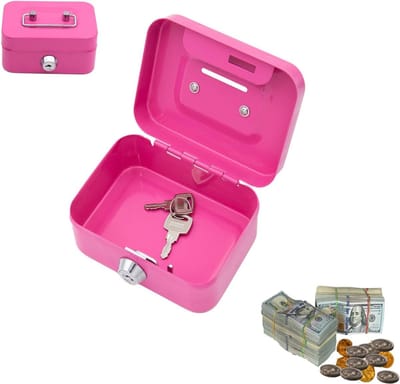 Kleine Geldcassette met Sleutel - Veiligheidsbox voor Geld en Waardevolle Spullen, Metalen Kluis voor Thuisgebruik, 11.5 x 8.5 x 5.8 cm (Roze)
