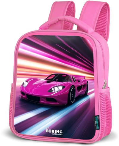 NoBoringSuitcases.com® - Rugzak roze - Schooltas meisjes - Roze raceauto flitst door neonlicht - Kinder rugtas meisje - Boekentas kind - Kinderrugzak voor school - Schoolrugzak