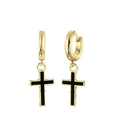 Lucardi Heren Goldplated oorringen hanger kruis - Oorbellen - Vaderdag Cadeautje - Staal - Goudkleurig