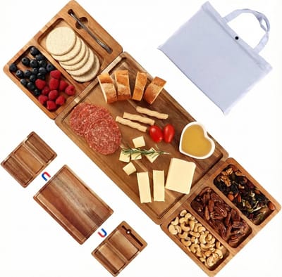 Famanu – 3-in-1 acaciahouten kaasplank met dessertvorken en draagtas, inclusief magnetische snackborden – Natuur