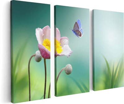 Artaza Canvas Schilderij Drieluik Roze Anemoon Bloem Met Een Blauwe Vlinder - 120x80 - Foto Op Canvas - Canvas Print