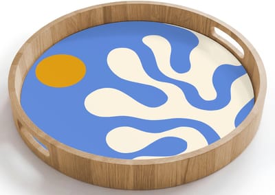 Dienblad rond 40x40 cm - Schootdienblad hout - Minimalistisch - Organisch patroon - Blauw - Borrelplank rechthoek - Plateau houten dienbladen