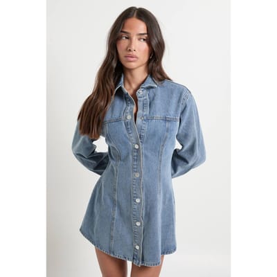 boohoo Dames Petite lange mouwen denimjurk met getailleerde taille | Mid Blue | Maat: 8