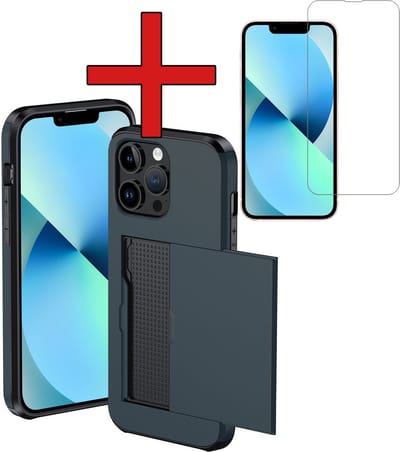 Hoesje Geschikt voor iPhone 14 Pro Hoesje Met Pasjeshouder Hard Case Met Kaarthouder Met Screenprotector - Hoes Geschikt voor iPhone 14 Pro Hoesje Pashouder Case - Donkerblauw