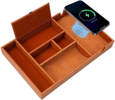 Draadloze Oplaadtray met 6 Compartimenten - Organizer voor Telefoon, Sleutels en Meer - Bruin