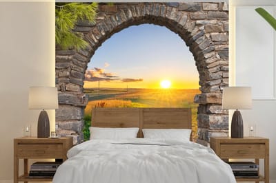 Behang - Fotobehang Platteland - Zon - Doorkijk - Landschap - Breedte 280 cm x hoogte 280 cm