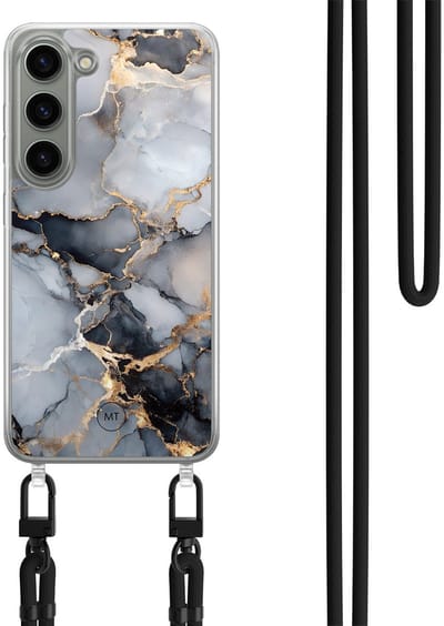 Hoesje met koord geschikt voor Samsung Galaxy S23 - Marble mist - Inclusief Zwart koord - Crossbody beschermhoes - Transparant, Grijs, Goud - Mooie Telefoonhoesjes