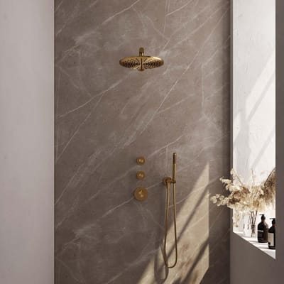 Brauer Gold Edition Thermostatische Regendoucheset Inbouw - Hoofddouche 30 cm - Rechte Wandarm - Handdouche Staaf - Doucheslang - Wandaansluitbocht - Geborsteld Goud