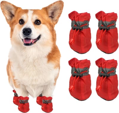 Hondenschoenen - Set van 4 - Pootbeschermers - Met reflecterende strepen - Schoenen en pootbeschermers voor kleine honden/puppy's - Geschikt voor wandelingen, buitenactiviteiten en houten vloeren binnenshuis - Antislipzolen - Rood - Maat 4