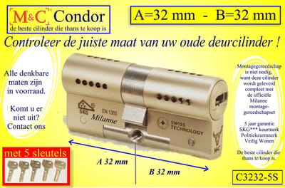 M&C Condor high-tech security deurcilinder 32x32 mm MET 5 SLEUTELS - SKG*** - Politiekeurmerk Veilig Wonen - inclusief MilaNNE gereedschap montageset