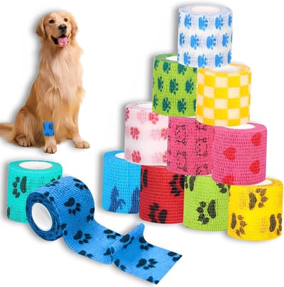 12 Rollen Zelfklevende Verband, Dierlijke Bandage voor Honden en Paarden, Cohesieve Verband in 12 Kleuren, Perfect voor Huisdieren en Sportblessures