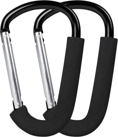 Dailygoods - LALAGO 2 stuks universele haken voor kinderwagen, 16 x 10 cm, multifunctionele karabijnhaak, tashaak met beschermbekleding, kinderwagenhaak, clip haak stroller organizer