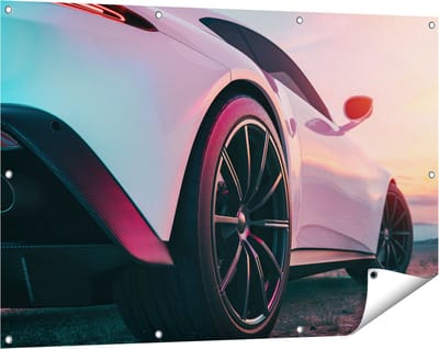 Gards Tuinposter Witte Sportwagen Auto - 120x80 cm - Tuindoek - Tuindecoratie - Wanddecoratie buiten - Tuinschilderij