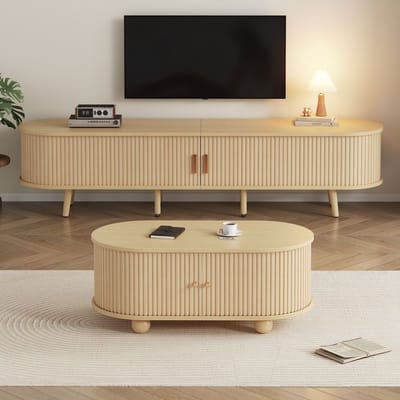 KOMHTOM Woonkamer tv-meubel met opbergruimte + salontafelcombinatie, ovale combinatie in originele houtkleur, MDF