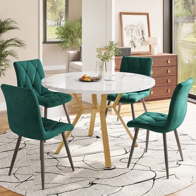 Eettafel- en stoelenset - 5-delig - ronde eettafel en 4 stoelen - gouden tafelpoten - groene eetstoelen