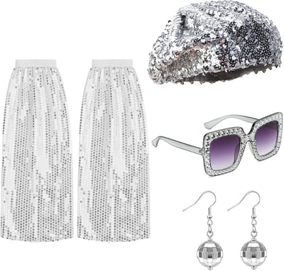 Retro disco kostuum voor vrouwen, 4-delige set met pailletten, discoballen, brillen en beenwarmers voor carnaval en feesten