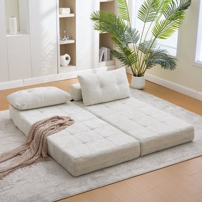 MODFU Opvouwbare Slaapbank - Met Rugleuning En Hoofd- En Lendenkussens - Ruimtebesparend - Chenille - Beige - 79 x 79 x 57 cm
