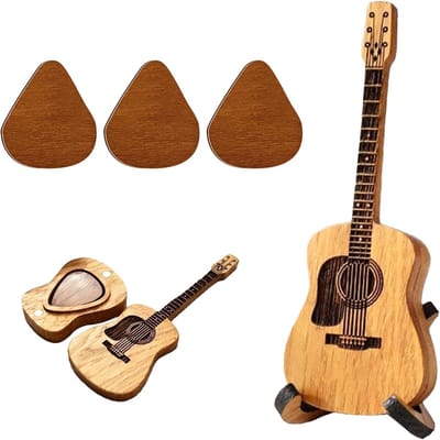 Unieke Houten Plectrumdoos met Diverse Gitaar Picks voor Akoestische Gitaar, Basgitaar en Ukulele