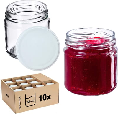 KADAX Kleine inmaakpotten, 200 ml, jampotten, diameter 66 mm, kleine potten voor honing en specerijen, luchtdichte potten, weckpotten, ronde potten (10 stuks, wit)