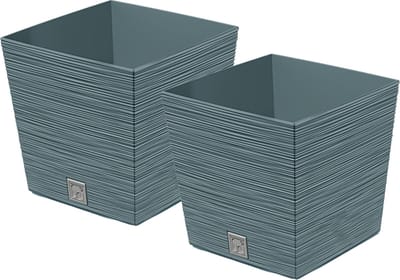 Prosperplast Plantenpot/bloempot Furu Stripes - 2x - voor buiten - kunststof - blauw - vierkant - D24 x H23.5 cm