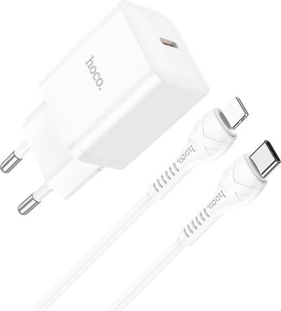 Hoco 20W Snellader + Kabel - Wit - USB C Stekker met Kabel Geschikt voor Telefoon en Tablet - PD & QC Oplader Inclusief 1m Type-C naar Type-C Kabel