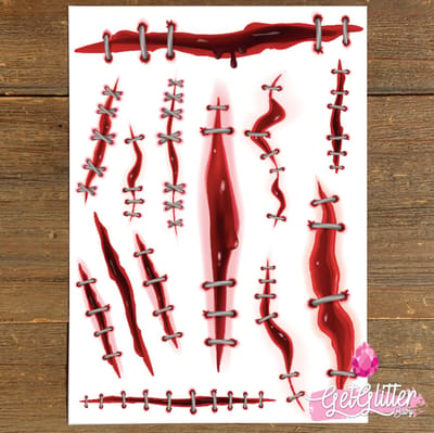 GetGlitterBaby® - Wonden met Hechtingen Tattoo / Halloween Decoratie Versiering / Carnaval Schmink Make Up Plak Tattoos / Tijdelijke Bloed Nep Tatoeage
