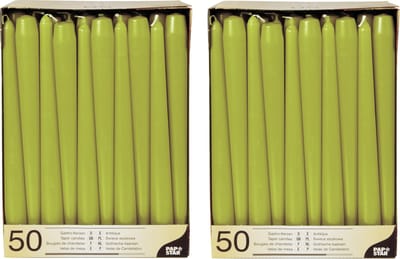 100x stuks Voordeelverpakking dinerkaarsen olijf groen - 25 cm - 7 branduren