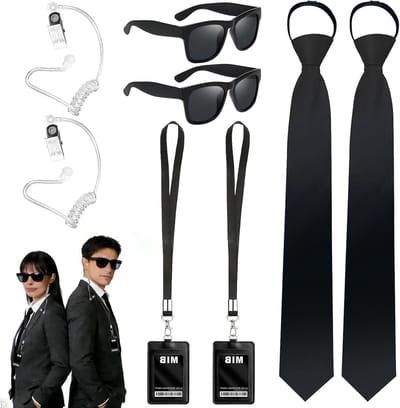 Complete set van 8 agent kostuumaccessoires met stropdassen, zonnebrillen, nepradio en ID-kaarthouder voor een perfecte agentenlook