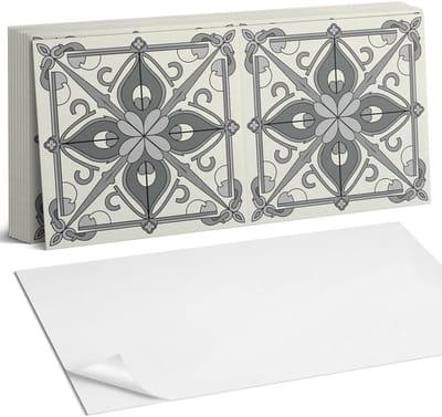 Coloray Plaktegels - Bloemenpatroon met symmetrie Zelfklevende Wandtegels - 40 cm x 20 cm - Grijs Plaktegels - 10 stuks - Rechthoek PVC Tegels - Plaktegels Badkamer - Vloertegels Zelfklevend - Vinyl Tegels Zelfklevend - Portugese Tegels