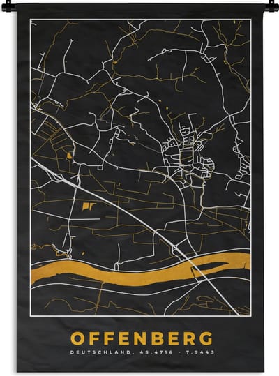 Wandkleed - Wanddoek - Duitsland – Black and Gold – Offenberg – Stadskaart – Kaart – Plattegrond - 120x180 cm - Wandtapijt