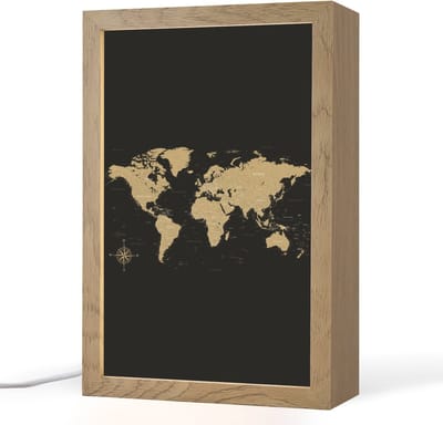 Tafellamp 20x30 cm - LED lamp - Wereldkaart - Beige - Zwart - Decoratieve tafellampen - Dimbaar - Tafellampje slaapkamer - Woonkamer binnen