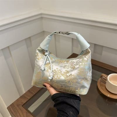 Zoete Borduur Schoudertas Nylon Textuur Parel Hanger Crossbody Tas Kleine Emmer Handtas Vrouwen Meisje