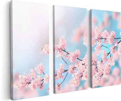Artaza Canvas Schilderij Drieluik Roze Bloesem Bloemen - 120x80 cm - Wanddecoratie Woonkamer - Schilderijen - Muurdecoratie