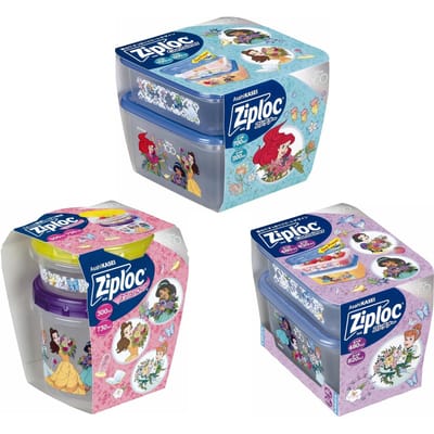 [Beperkte Editie] Ziploc Disney Princess 23-delige Set Schroefsluiting (300ml & 730ml, elk 1) & Rechthoekige Container (480ml & 820ml, elk 1) & Vierkant blue