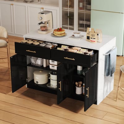 DESMIU Keuken Eiland - Met Barfunctie, Stopcontacten En Usb Aansluitingen - Voor Keuken En Eetruimte - MDF - Zwart - 120x60x91 Cm